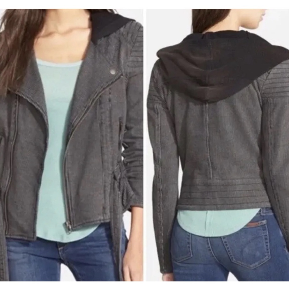 Free People M black gray textured moto jacket hood zipper tie cotton soft